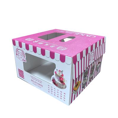 China Recyclable Customized Paper Cake Box With Handles Folding Cake Carrier Box With Pet Window Bakery Boxes for sale