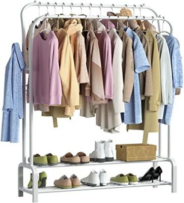 China Heavy Duty Metal Clothes Closes Double Pole Coat Rack Freestanding Garment Rack Hanger with 4 Side Hooks and 2-Tier Lower Storage Shelf for B for sale