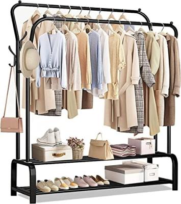 China Heavy Duty Metal Clothes Closes Double Pole Coat Rack Freestanding Garment Rack Hanger with 4 Side Hooks and 2-Tier Lower Storage Shelf for B for sale