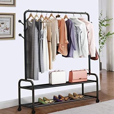 China Heavy Duty Double Pole Clothes Closes Black Metal Coat Rack Freestanding Garment Rack Hanger with 6 Side Hooks and 2-Tier Lower Storage Shelf for sale