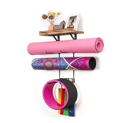 China Yoga Mat Storage Home Gym Accessories Wall Mount Yoga Mat Storage Holder Rack Yoga Mat Storage Holder with Wooden Floating Shelves and 4 Hooks for sale