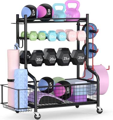 China Exercise Equipment Home Gym Storage for Dumbbells Kettlebells Yoga Mat and Balls, All in One Workout Storage with Wheels and Hooks for sale