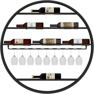 China Round Wall Mounted Wine Rack Wine Rack With Hanging Glass Goblet Stemware Racks Black Metal Iron Storage Shelf for sale