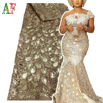 China AF 2021 African laser shiny sequin Tulle Mesh Fabric French Lace Net anti-static lace up for wedding, dress dress for sale