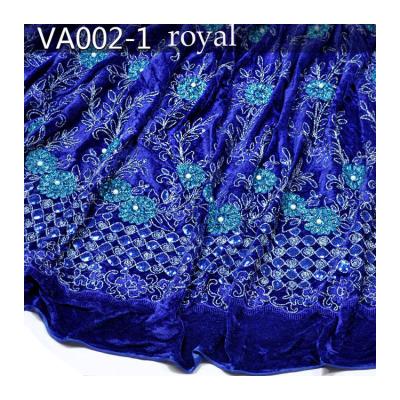 China Viable Royal Blue African Beaded Velvet Georges Lace Fabric Embroidery Design Velvet Lace Fabric for sale