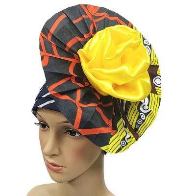 China Queency Popular Fashion Design Wax Print Head Wrap 3D Flower African Headtie Women Hood for sale