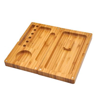 China Solid Wood Bamboo Magnetic Cigarette Tray Magnetic Cigar Stash Box Rolling Tray for sale