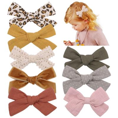 China 1pcs Soft Cotton Canvas Leopard Printed Bows Hair Clip For Kids Girls Lace Up Bowknot Covered Safty Hairpins Headwear Hair Accessories for sale