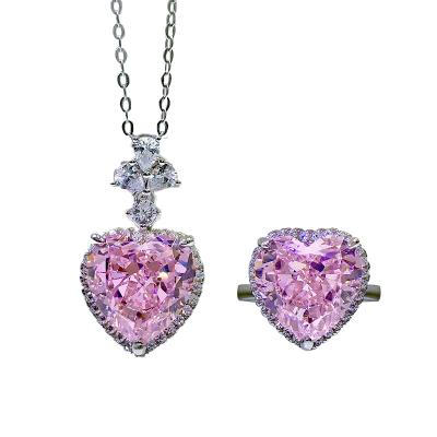 China Synthetic Halo Simulated Moissanite Gems Heart Diamond Jewelry Set CLASSIC Ring Necklace Pink DLC for sale