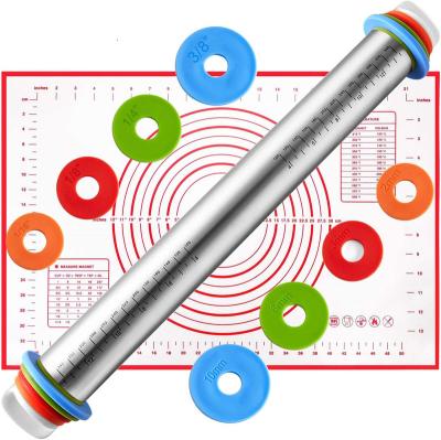 China Viable Silicone Cake Pad Baking Set, Stainless Steel Dough Roller, Muffin Needle with Adjustable Thickness Ring for sale