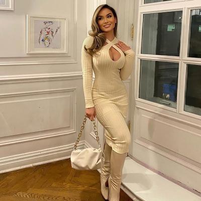 China 2021 Anti-Static Female Spring Long Sleeve Hollow Out Graceful Bodycon Women Evening Party Midi Dress Up for sale