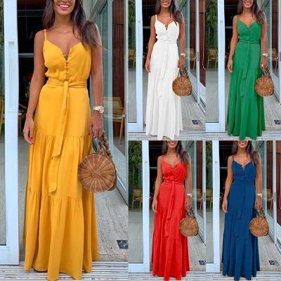 China Strapless Solid Color V-neck Anti-Static Casual Dress With Button Strapless Maxi Dresses for sale