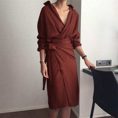 China Autumn Women Solid Anti-Static Dresses Midi Shirt Dress High Waist V-Neck Bandage Long Sleeve Korean Feminine Elegant for sale