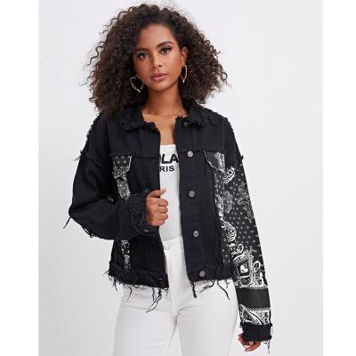 China New Arrival Breathable Paisley Print Patch Shredded Edge Denim Jacket for sale