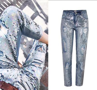 China New Arrival Breathable Fashion Sequin Jeans Ladies Casual Denim Pants With Ripped for sale