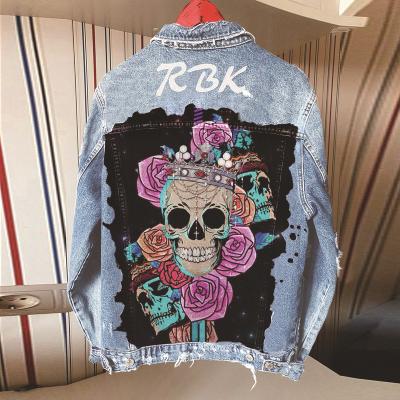 China Fashion Designer Denim Jacket Women Flower Print Skull Flower Print Turn-Down Loose Straight Collar Long Sleeve Girl Fashion Coat for sale