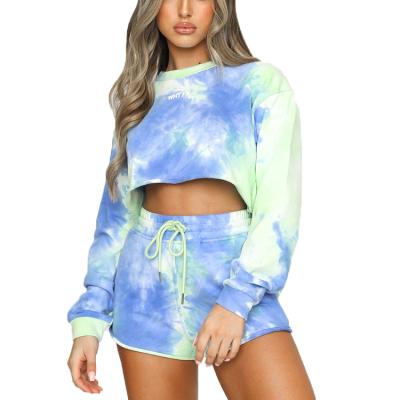 China Anti-Wrinkle Fashion Women Short Tie Dye Printing Slim Long Sleeve Casual Collar Pullover Hoodie Plush Top for sale