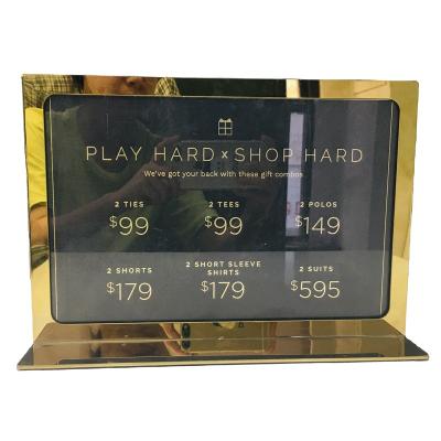 China Factory direct sale glod a4 a5 a6 size t shape environmental friendly metal frame acrylic sign holder for clothing retail store reception for sale