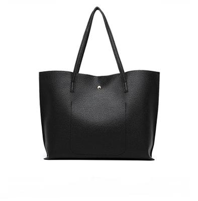 China Fashion Black Soft Faux Leather Tote Shoulder Bag Daily Using Simple Purses Handbags for sale