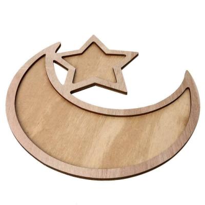 China Plain Rustic Wooden China Crescent Moon and Star Eid/Ramadan Serving Decor Tray for sale