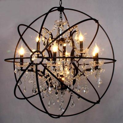 China Warehouse Aicco Vintage Rusted Color Wrought Iron Sphere Chandelier Pendant Lighting With Crystal For Farmhouse Restaurant 10250 for sale