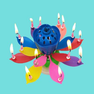 China High Quality Lotus Blossom Rotation Flowering Birthday Musical Candle Lights For Cake Birthday Decoration Colorful Customize Logo for sale