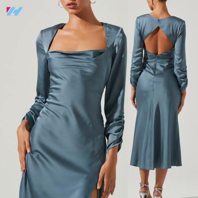 China New Arrivals Long Sleeve Square Neck Evening 100%Silk Satin Dresses Women Ladies Luxury MIDI Slit Night Elegant Silk Dress for sale