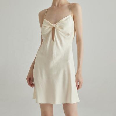 China Custom Hollow-Carved Design Pure Silk Satin Women Clothing V-Neck Slip Cross Low Back Mini Silk Dresses for sale