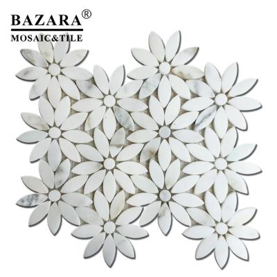 China White Marble Stone Parquet Carrara Mosaic Flower Pattern Wall Slab Waterjet Mosaic for sale