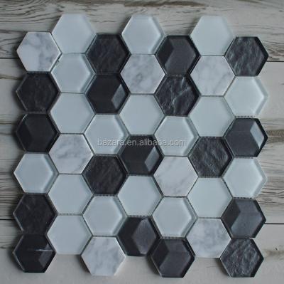 China Flooring Hexagon Crystal Glass Mix Stone Mosaic 300*300MM Made In China for sale