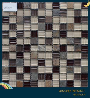 China Square Stone Flooring Mosaic Mix Glass Brick Brick Slab / Mix Coffee Beige Color for sale