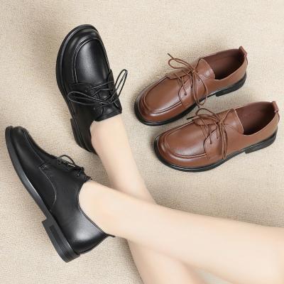 China Round Lace Up Women Flat Shoes Comfortable Soft Cowhide Leather Women Ladies Loafers Casual Shoes for sale