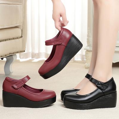 China Breathable Comfort Black/Leather Burgundy Toe Wedges Hotel Formal Dress Office Loose Shoes For Women Ladies for sale