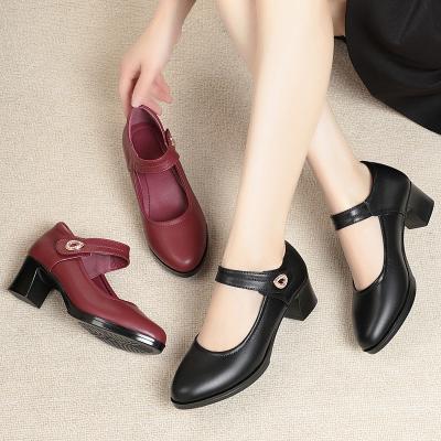 China Breathable Women Fashion Round Toe Burgundy Leather Comfort Office Square Heel Pumps Elegant Lady Classic Black Heel Shoes for sale