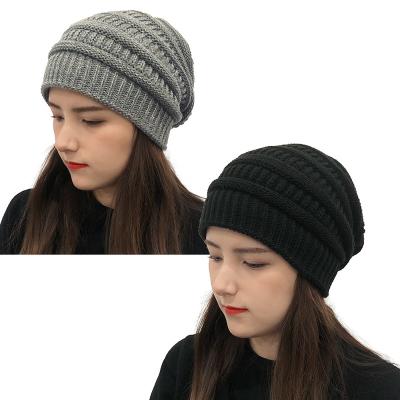 China Plush Women Striped Hat Knitted Beanie Sports Winter Hat Wool Striped Hood Outdoor Warm for sale