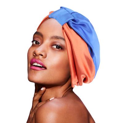 China Checked Stretch Night Cap Popular Imitation Silk Contrast Color Tied Turban Hat Double-Layer Hair Care Hat for sale