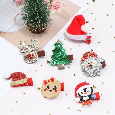 China Cute Children's Hair Accessories Hairpins New Glitter Christmas Elk Snowman Hairpin Xmas Leather Hat Hairpins for sale