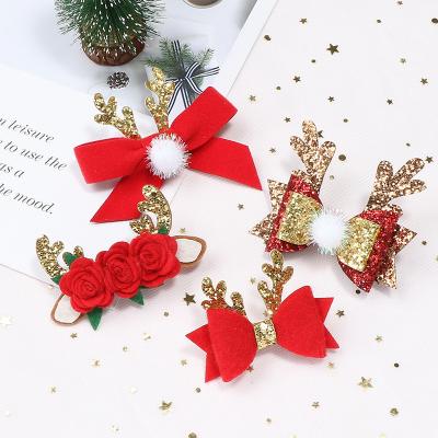 China Cute Christmas Horn Elk Sequins Glitter Flower Hairpin Bow Leather Hairpin Ball Hairpin For Baby Kids for sale