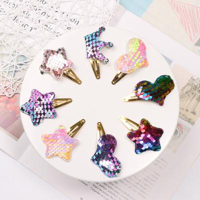 China New Fabric Hot Sale Sequin Gradient BB Clip For Baby Princess Crown Star Love Hairpin Rainbow Gradient Elastic Headband For Girl for sale