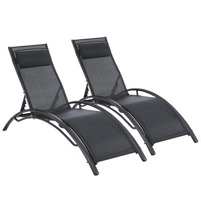 China Modern Outdoor Recliner 5 Position Adjustable With 2pcs Headrest Patio Chaise Lounge Chairs Pool Black for sale