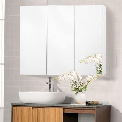 China Hot Selling Waterproof SS Wall Mounted Radio Intelligent Triple Mirrored LED Light Door Mirror Medicine Cabinet With Internal Light for sale