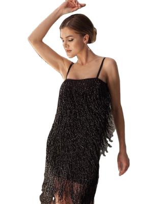 China Anti-Wrinkle Blingbling Silk Tassel Dress Fashion Sexy Halter Zipper Back Edge Women Party Holiday Dresses for sale