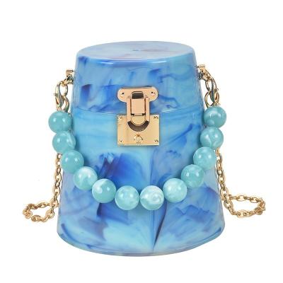 China Fashion Barrel Cylinder Handbag Purse Cross-Body Acrylic Transparent Beaded Gold Single Shoulder Chain Handbags for sale