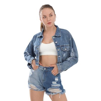 China Casual Spring Autumn Cropped Blue Ripped Holes Jean Jacket Women Fashion Breathable Ladies Denim Jacket for sale