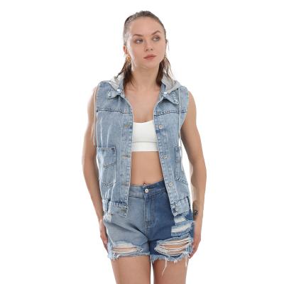 China Feminino Spring Summer Women Jean Hooded Jacket Detachable Hat Denim Jacket Women's Casual Slim Sleeveless Coats for sale