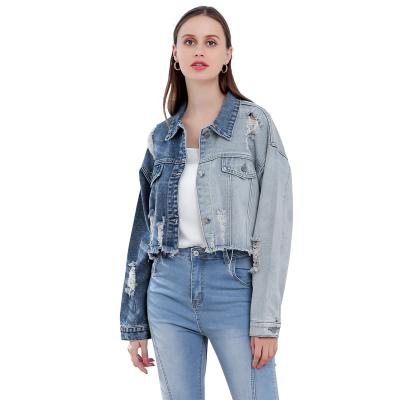 China Wholesale Custom QUICK DRY Distressed Crop Two Tone Patchwork Ripped Denim Jacket Women's Jean Jacket for sale