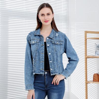 China Women Street Hippie Denim Fabric Breathable Long Sleeved Slim Fit Jacket Ripped Jean Crop Rivet Jacket for sale