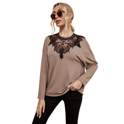 China Autumn Style Women Long Sleeve Lace Shirt O-Neck Anti-pilling Spring Long Sleeve Crop Top Stitching 2022 for sale