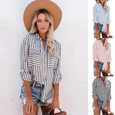 China Anti-Wrinkle Striped Fashion Blouse Summer Turn Down Collar Shirt Casual Long Sleeve Tops Shirt for sale