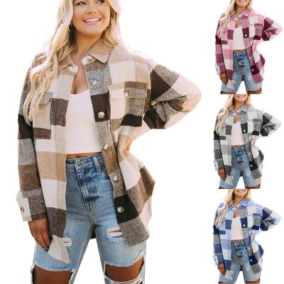 China Single Breasted Plaid Coat Lapel Pocket Women's Casual Flannel Women's Shirts Windproof for sale